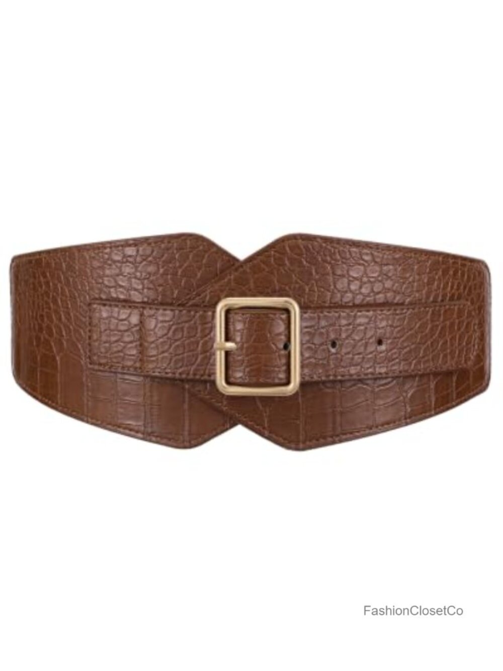 Wide Elastic Waist Belt Faux Leather Gold Square Buckle Cinch